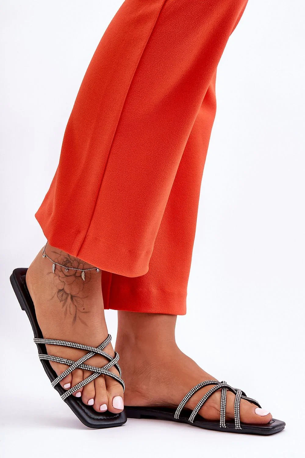 Women Square Toe Rhinestone Flip Flops