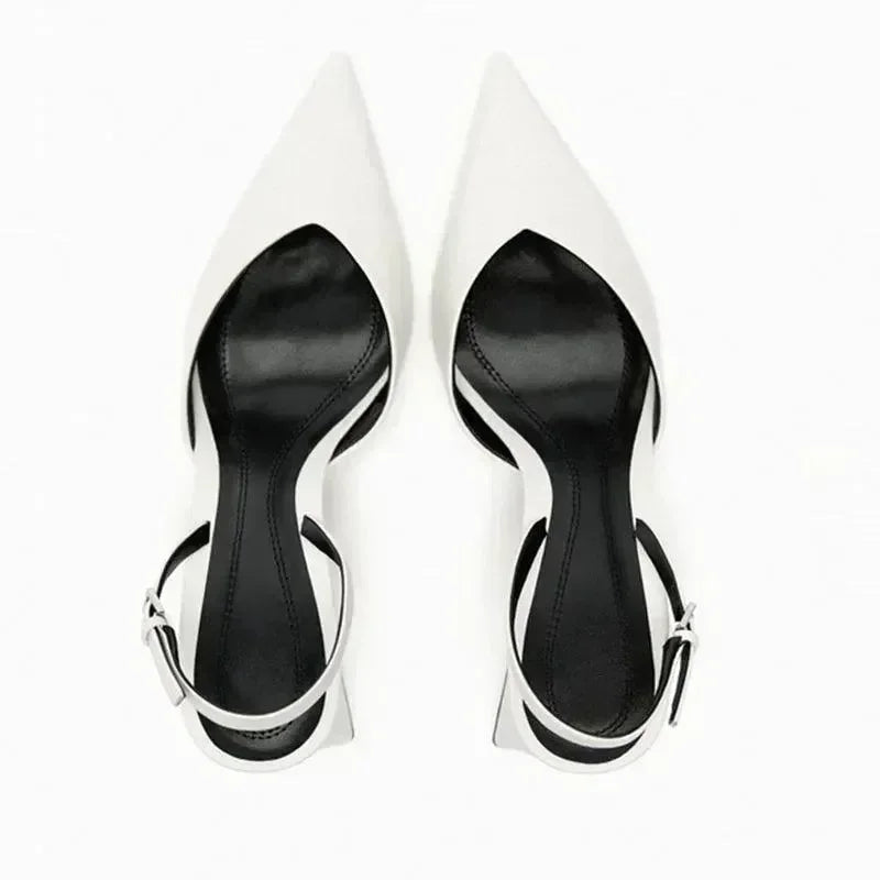 Women White Pointed Toe Ankle Strap Block Heel Shoes