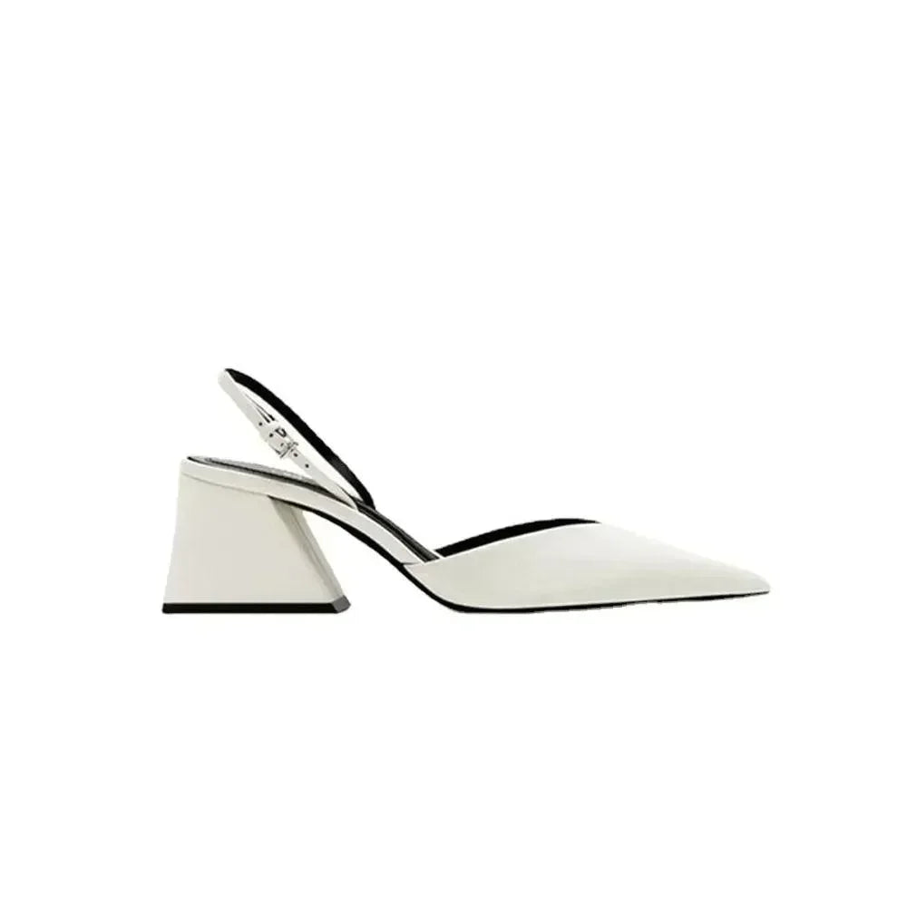 Women White Pointed Toe Ankle Strap Block Heel Shoes
