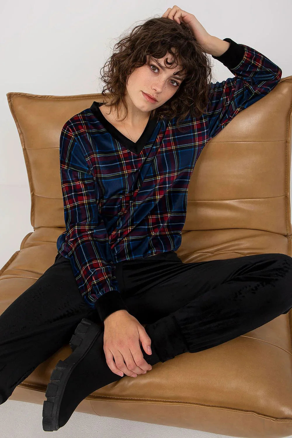 Women’s Checkered V-Neck Blouse and Pants Set