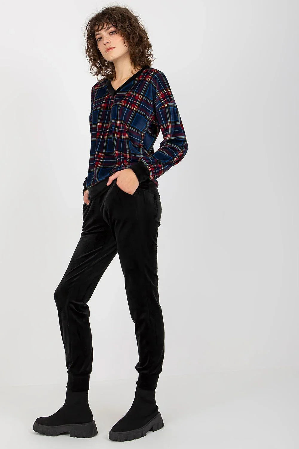 Women’s Checkered V-Neck Blouse and Pants Set