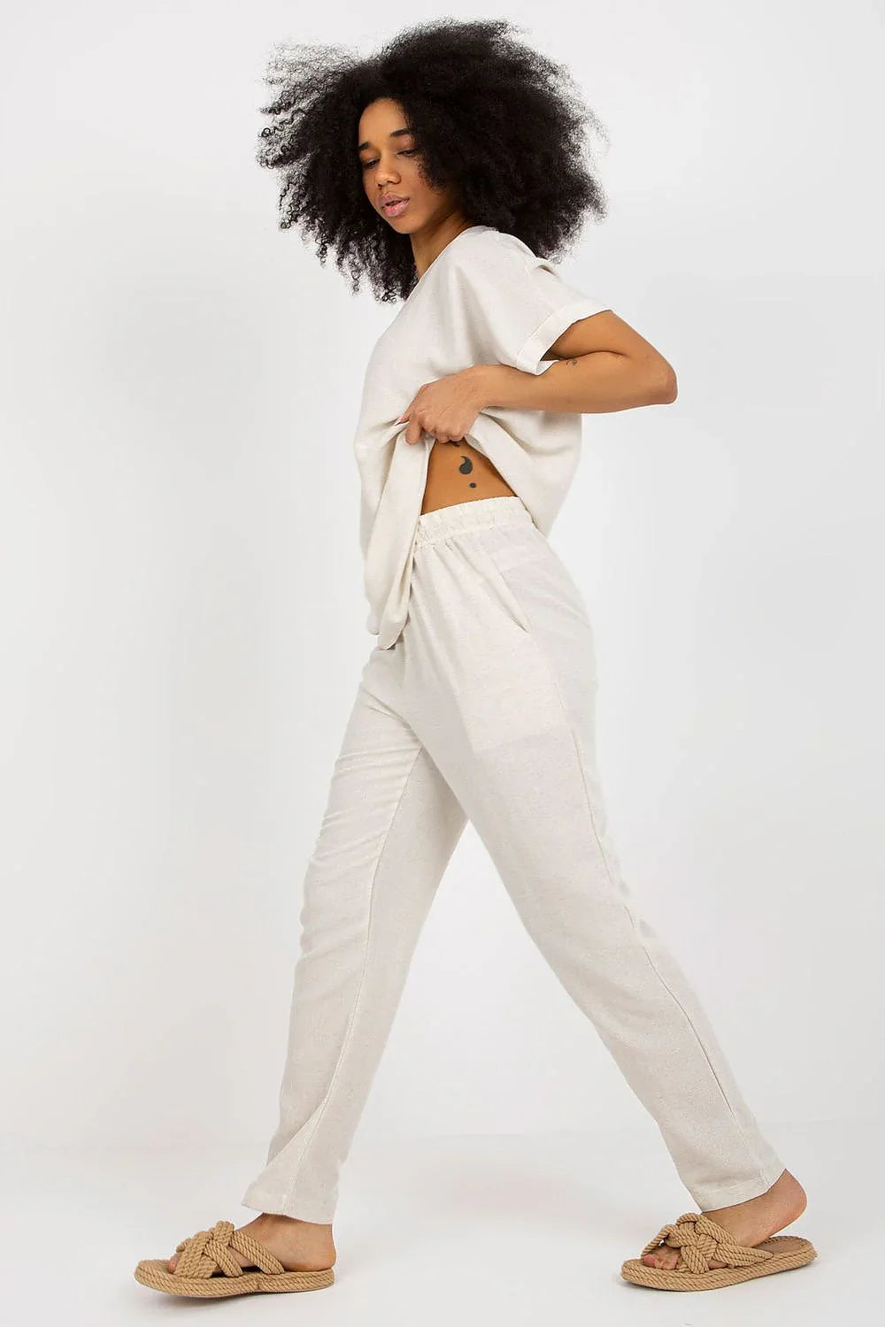 Women’s Linen Blend Blouse and Straight Leg Pants Set