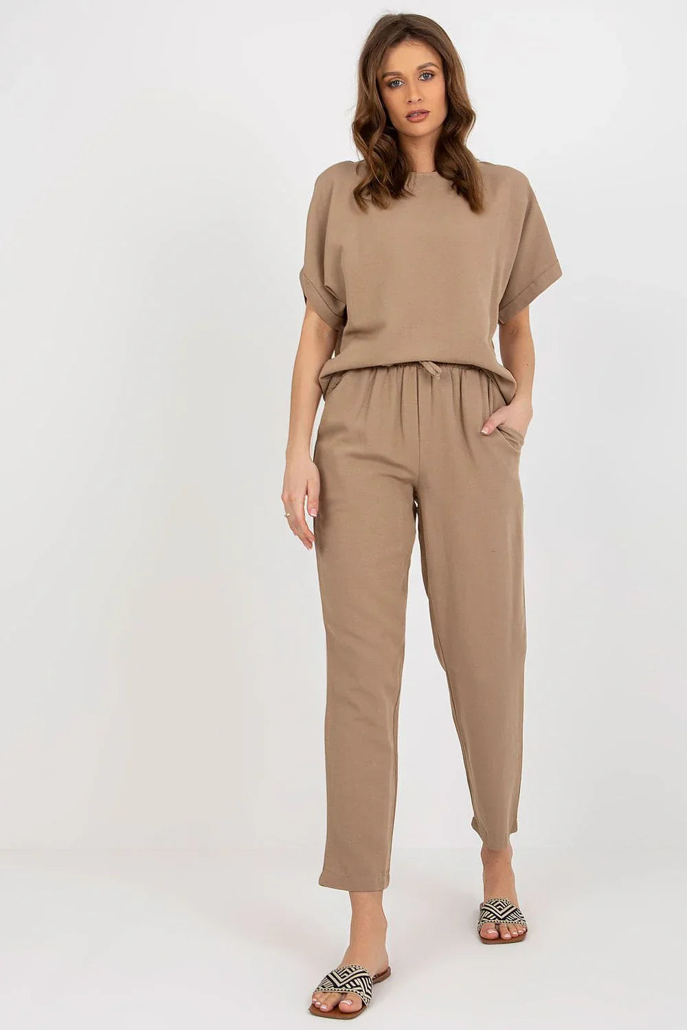 Women’s Linen Blend Blouse and Straight Leg Pants Set