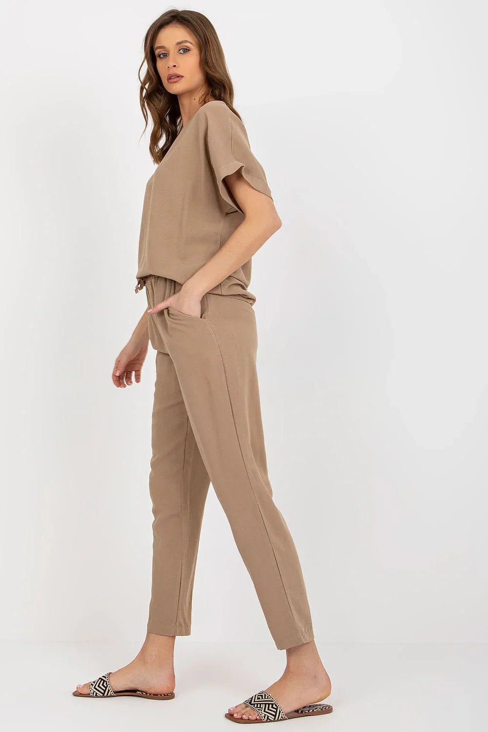 Women’s Linen Blend Blouse and Straight Leg Pants Set