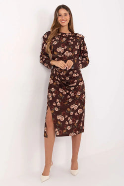 Women’s Brown Midi Long Sleeve Round Neck Dress - Guocali