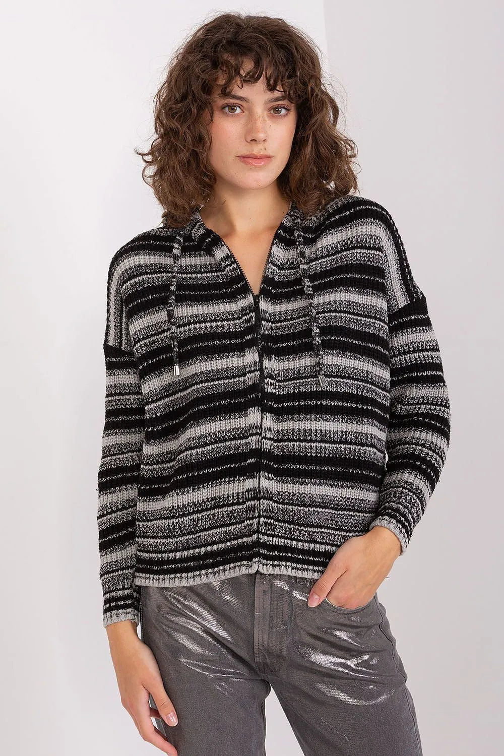 Women's Striped Hooded Zip Cardigan Sweater fashion image