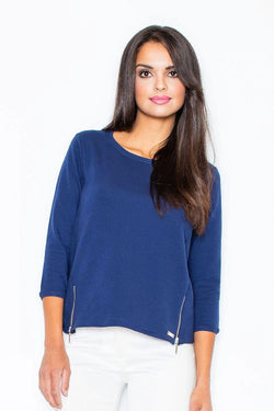 Women's sweatshirt Crew Neck Waist Length Stretch Cotton Blue Beige – main view