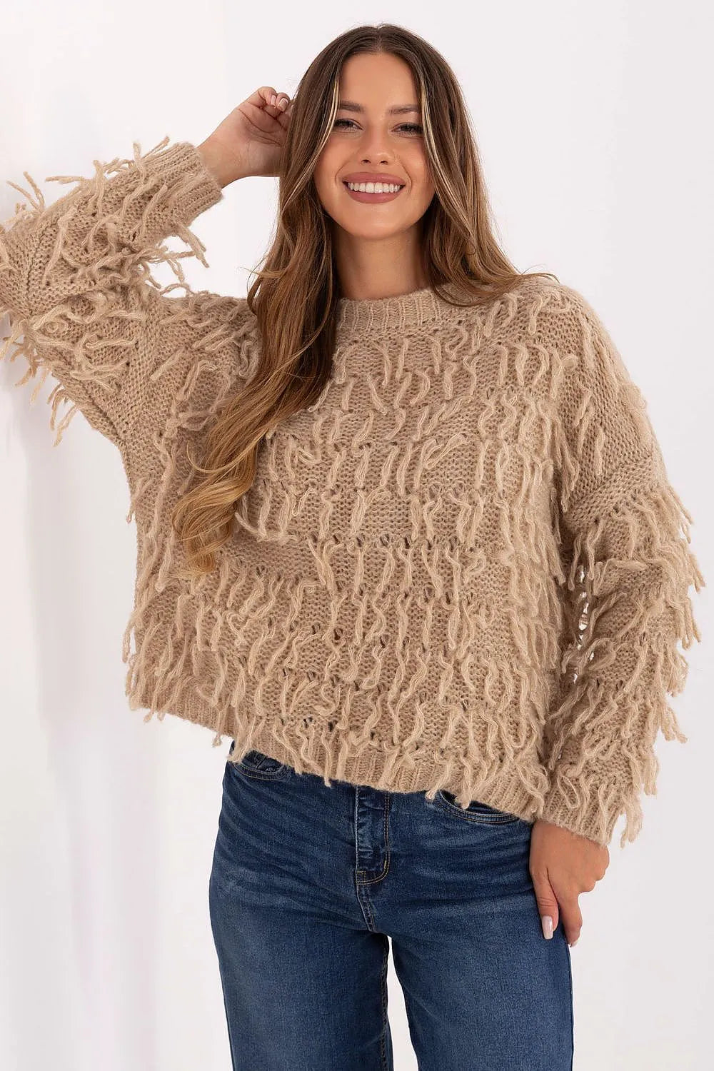Women's Textured Oversized Crew Neck Pullover Sweater
