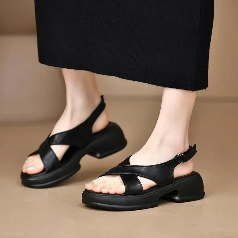 Women Sandals - Square Heels - PU Leather