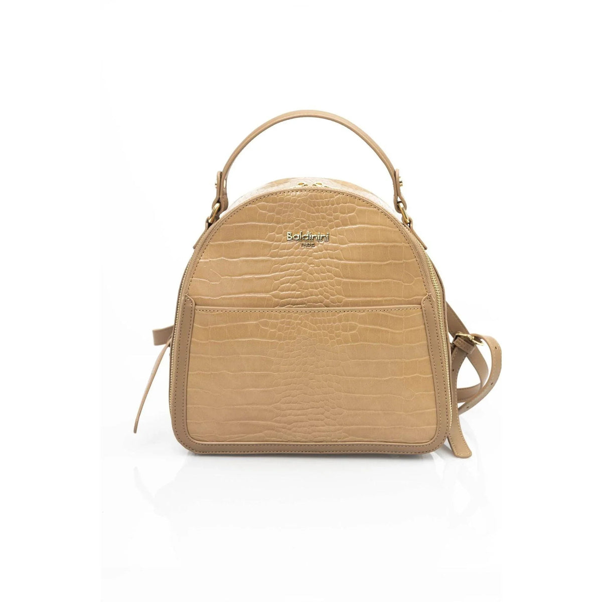 Tan croc-embossed leather backpack with a top handle, front view fashion image