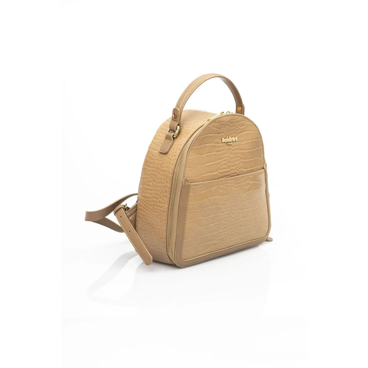 Tan croc-embossed backpack seen from the side with a front zip pocket fashion image