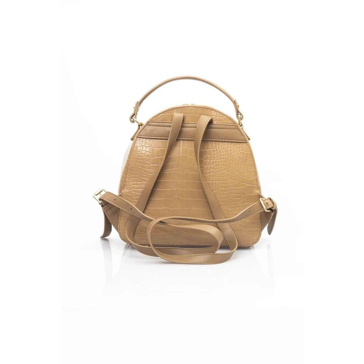 Back of a tan leather backpack showing adjustable shoulder straps fashion image
