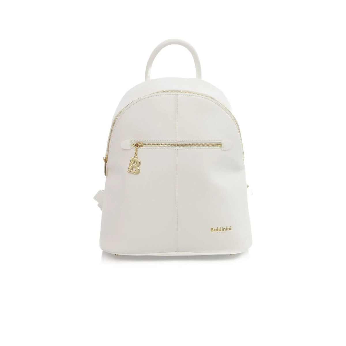 White women's backpack with a gold zip pocket and top handle fashion image