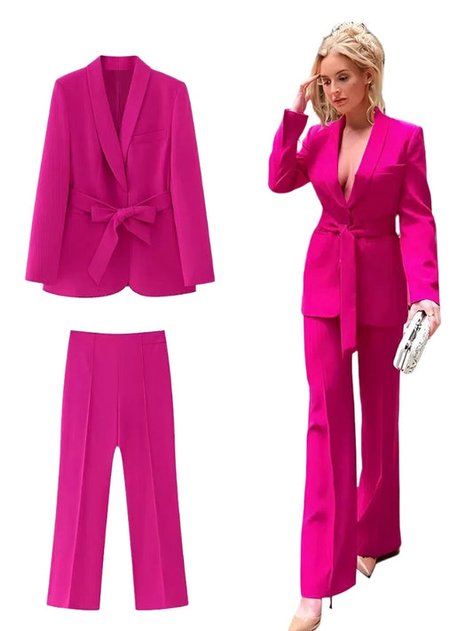 Belted Women Pant Suit - High Waist Wide Leg Trousers - Pantsuit - Guocali