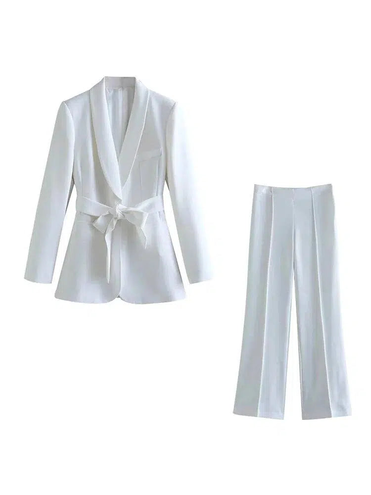 Belted Women Pant Suit - High Waist Wide Leg Trousers - Pantsuit - Guocali