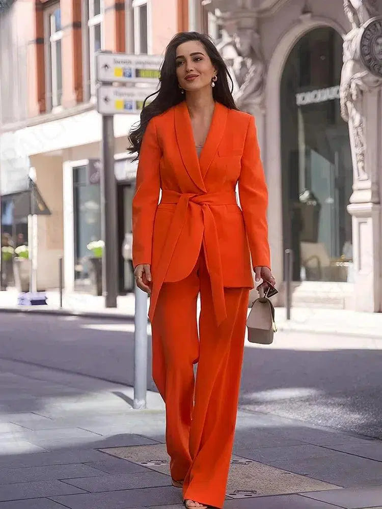 Belted Women Pant Suit - High Waist Wide Leg Trousers - Pantsuit - Guocali