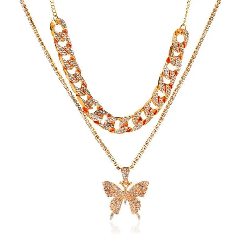 Big Butterfly Pendant Necklace - Rhinestone Jewelry -Guocali