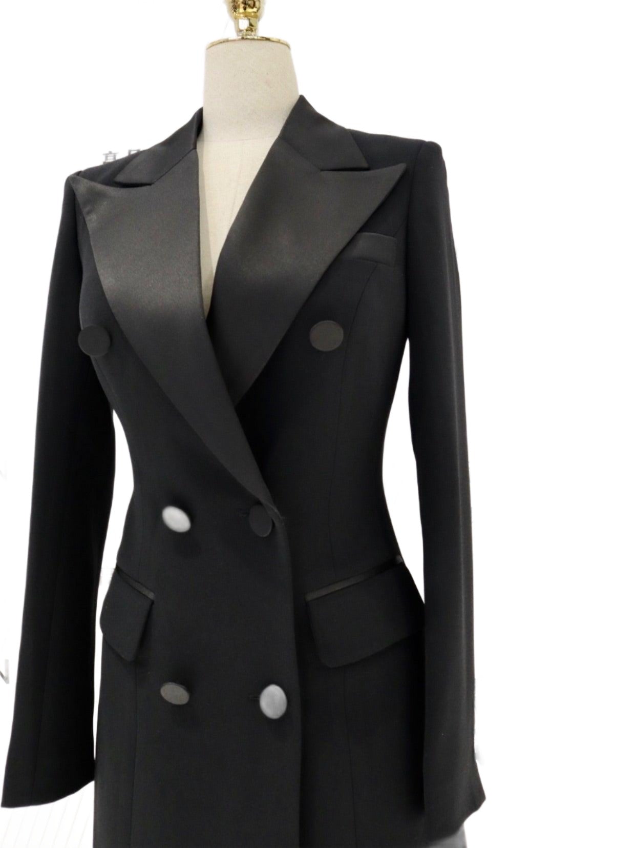 Black Blazer Dress, Satin Collar, Tuxedo Dress - Blazer Dress - Guocali