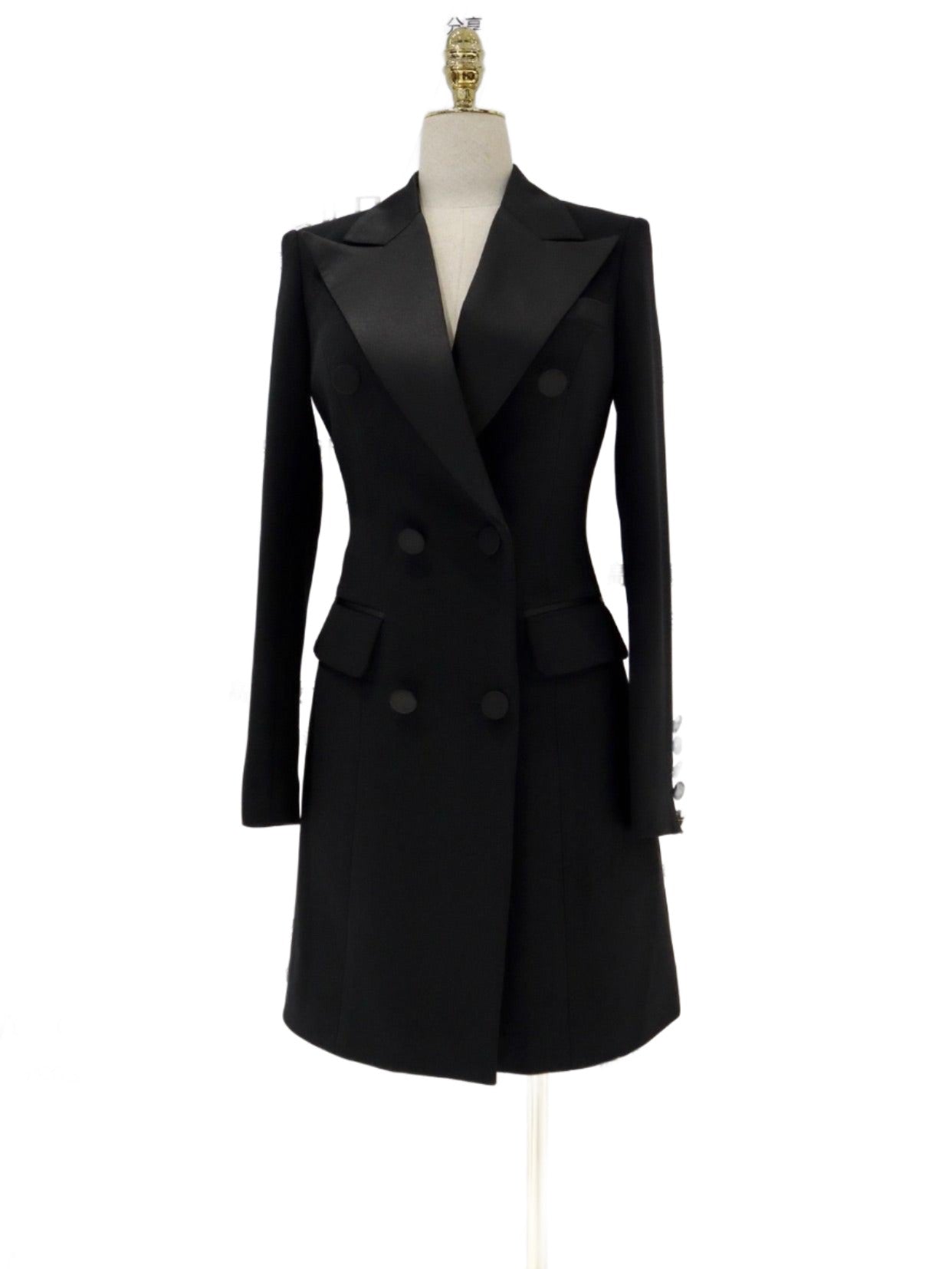 Black Blazer Dress, Satin Collar, Tuxedo Dress - Blazer Dress - Guocali