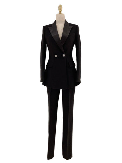 Black Women Pant Suit - Slim Fit Tuxedo - Pantsuit - Guocali