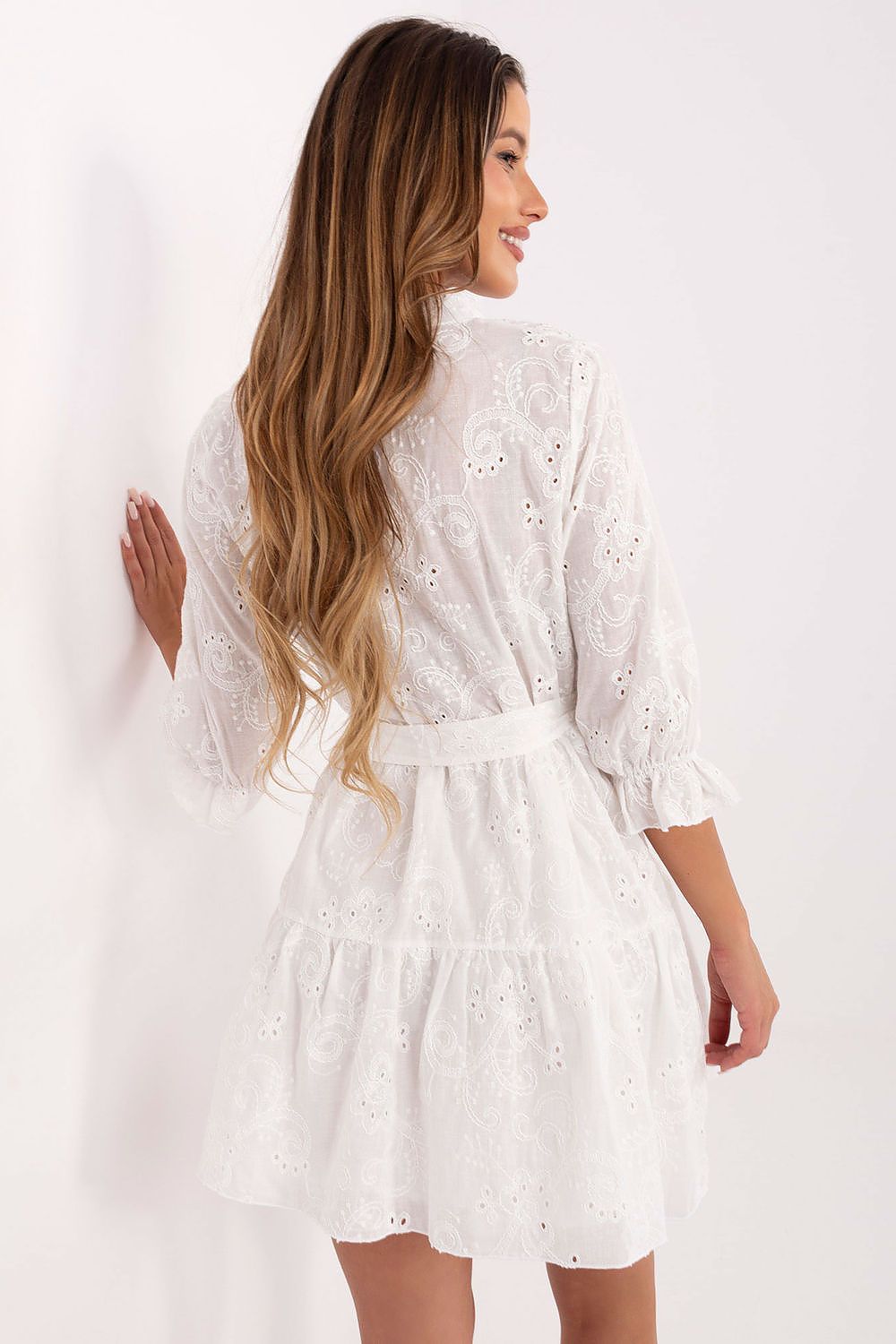 Boho Embroidered Mini Dress – Mandarin Collar, 3/4 Sleeves, Cotton – Daydress | GUOCALI – view 3