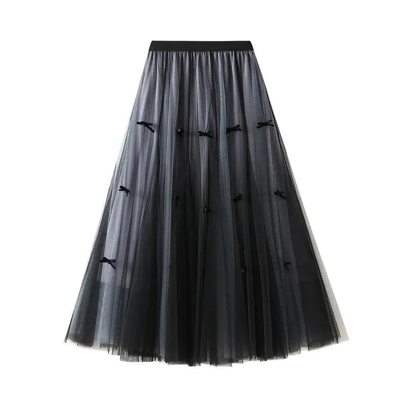 Bow Mesh Elastic A-Line Skirt - A-Line Skirt - Guocali