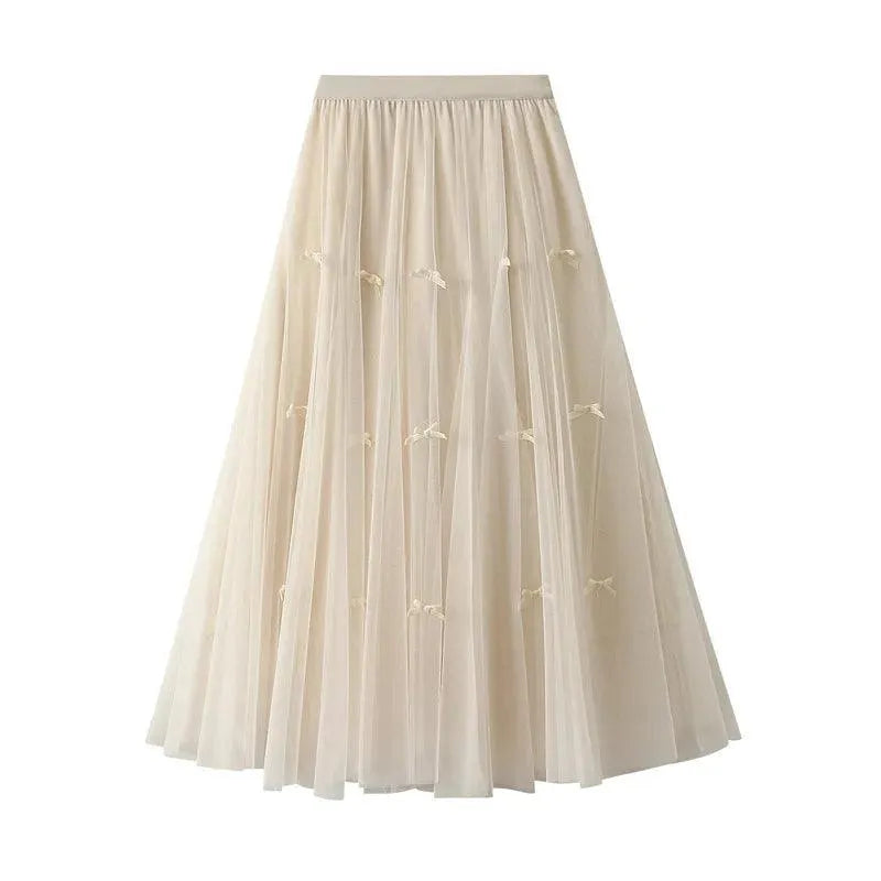 Bow Mesh Elastic A-Line Skirt - A-Line Skirt - Guocali