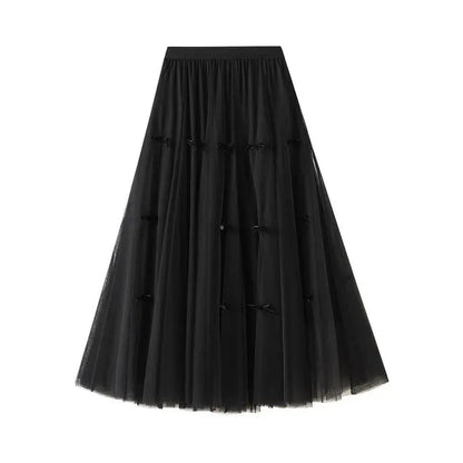 Bow Mesh Elastic A-Line Skirt - A-Line Skirt - Guocali