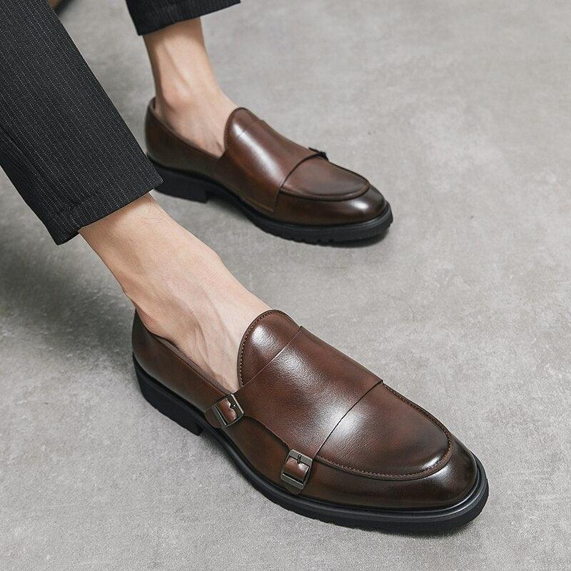 Brown Monk Strap Rounded Toe Loafers - Men Shoes - Loafer Shoes - Guocali