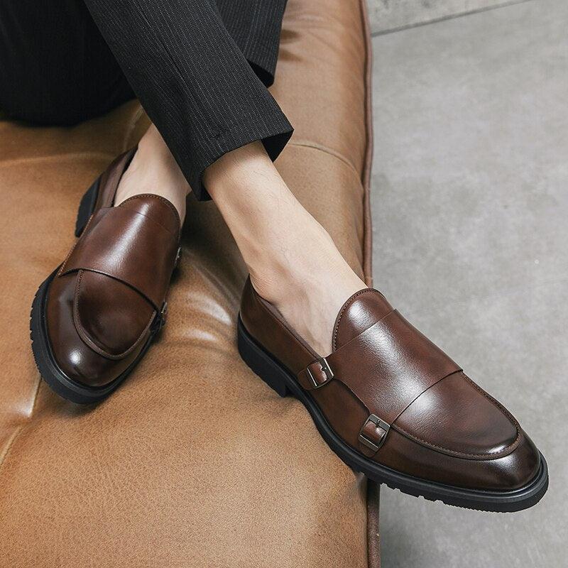 Brown Monk Strap Rounded Toe Loafers - Men Shoes - Loafer Shoes - Guocali