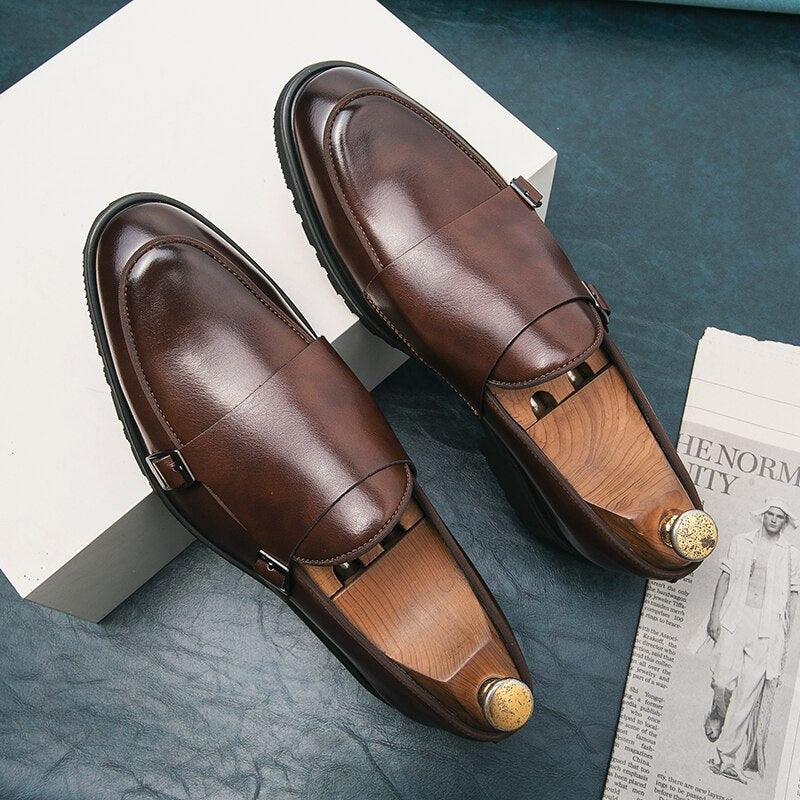 Brown Monk Strap Rounded Toe Loafers - Men Shoes - Loafer Shoes - Guocali