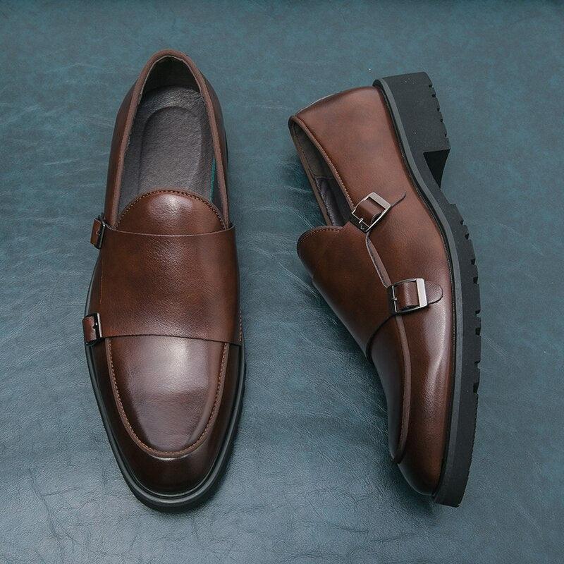 Brown Monk Strap Rounded Toe Loafers - Men Shoes - Loafer Shoes - Guocali