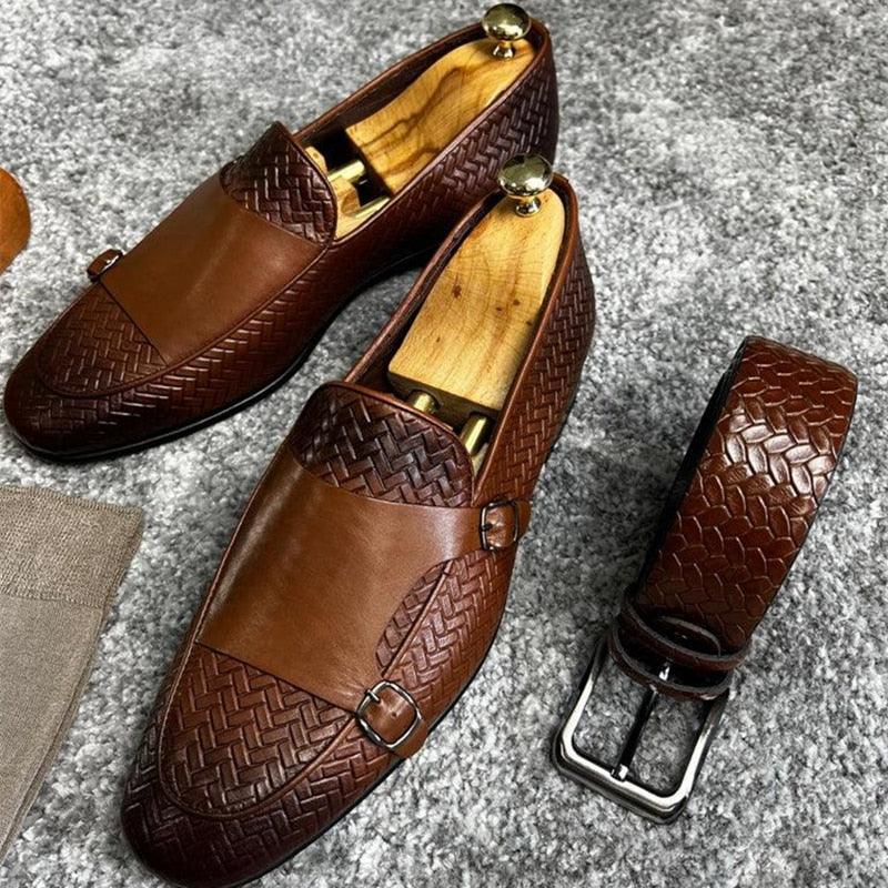 Brown Woven Monk Strap Loafers - Men Shoes - Loafer Shoes - Guocali