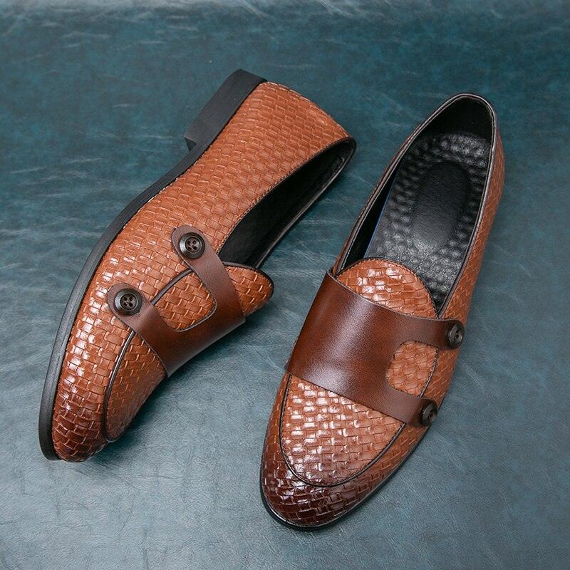 Brown Woven Monk Strap Loafers - Men Shoes - Loafer Shoes - Guocali