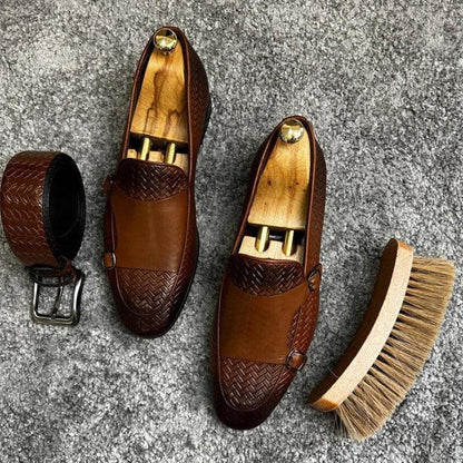 Brown Woven Monk Strap Loafers - Men Shoes - Loafer Shoes - Guocali