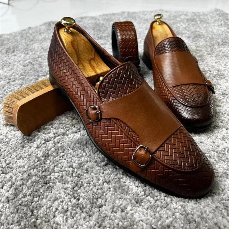 Brown Woven Monk Strap Loafers - Men Shoes - Loafer Shoes - Guocali