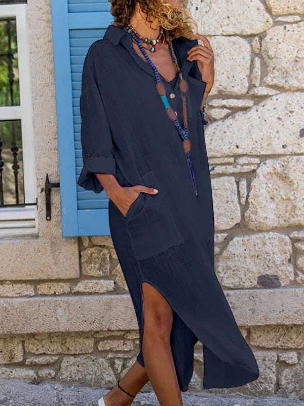 Button Front Shirt Dress – Long, Collar, Relaxed Slit Cut – Shirt Dress | GUOCALI – view 19