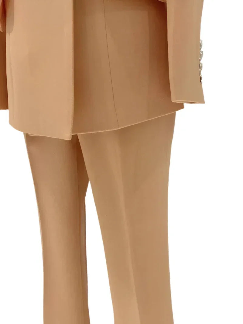 Chic Elegant Professional Women's Pant Suit - Solid Double-Breasted - Orange