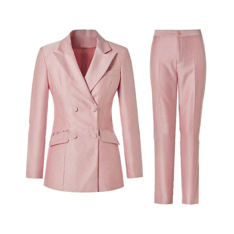 Chic, Professional Women's Pant Suit - Solid Double-Breasted