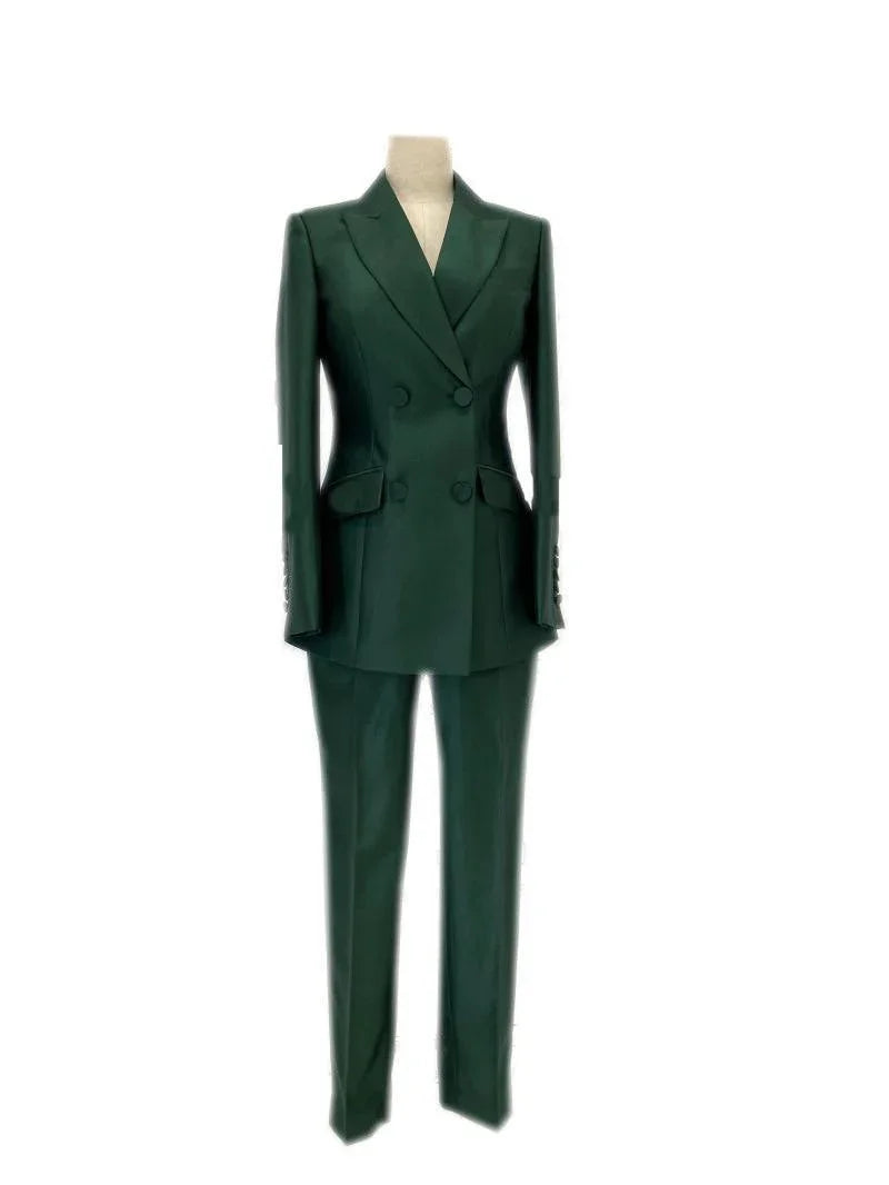 Chic, Professional Women's Pant Suit - Solid Double-Breasted