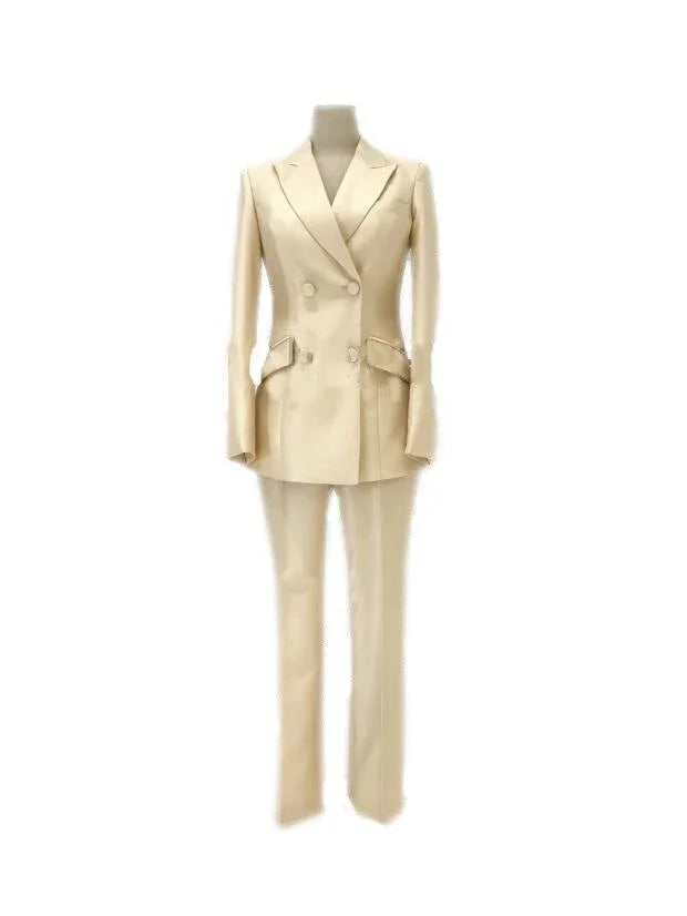Chic, Professional Women's Pant Suit - Solid Double-Breasted