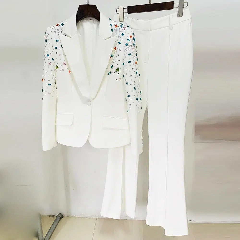 Chic Women's Pant Suit - Bead & Reel Zipper, White