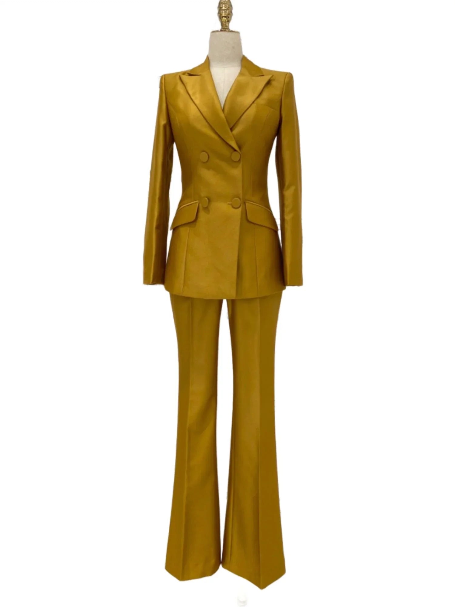 Chic Women's Pant Suit - Solid Double-Breasted - Gold