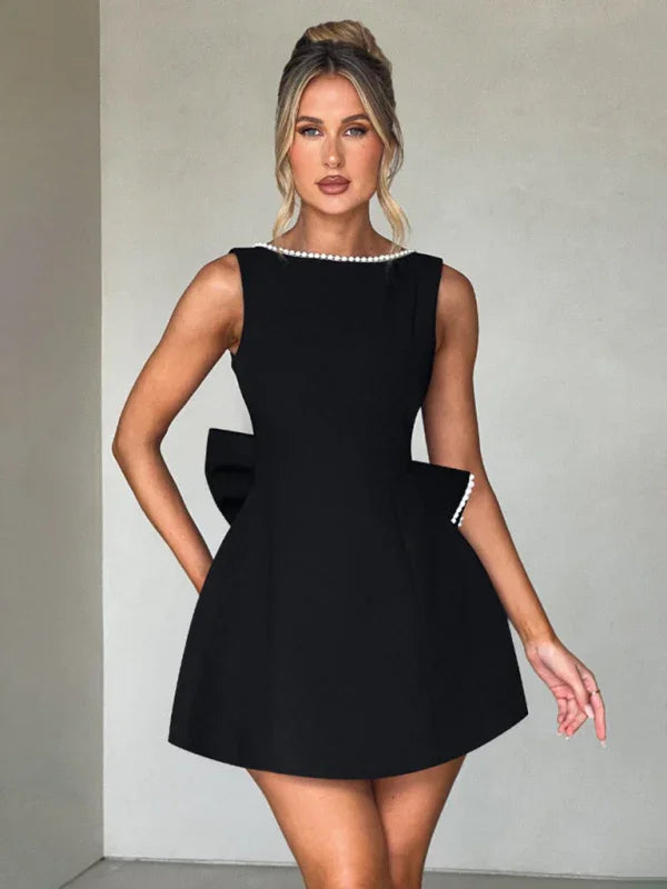 Cocktail A-Line Dress – Mini, Round Neck, Pearl Bow – Cocktail Dress | GUOCALI – view 11