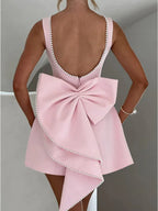 Cocktail A-Line Dress – Mini, Round Neck, Pearl Bow – Cocktail Dress | GUOCALI – view 4