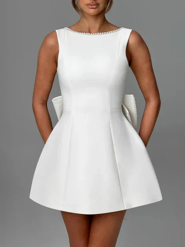 Cocktail A-Line Dress – Mini, Round Neck, Pearl Bow – Cocktail Dress | GUOCALI – view 8