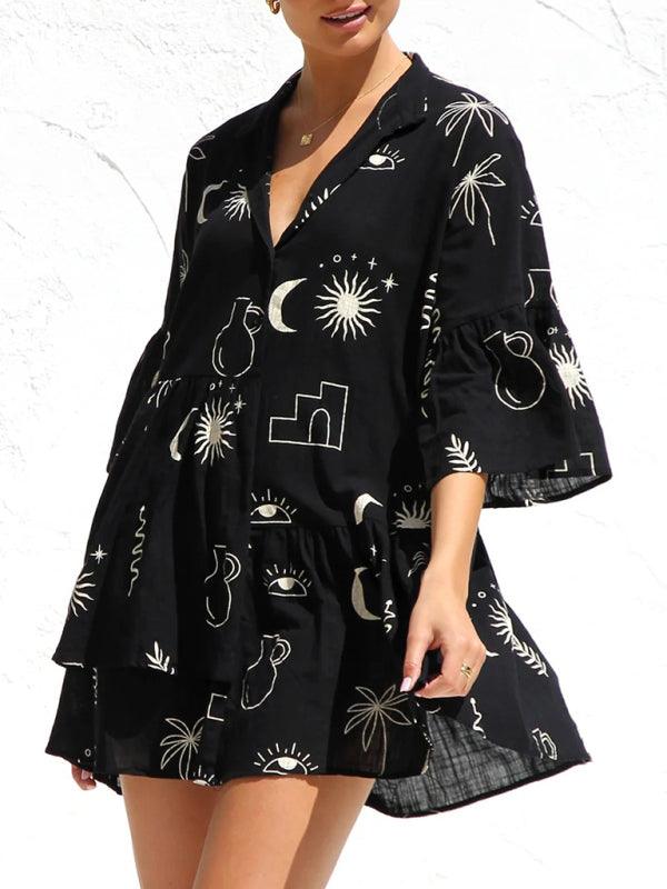 Comfortable Trumpet Sleeve Ethnic Dress - Short Dress - Guocali