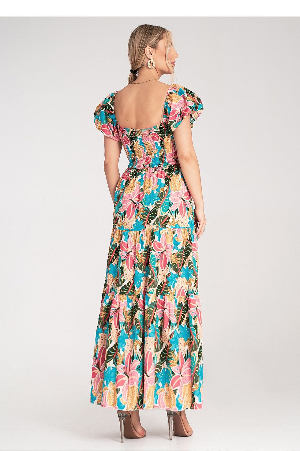 Cotton Maxi Dress – Square Neck, A-Line, Tiered Skirt, Pink – Daydress | GUOCALI – view 3
