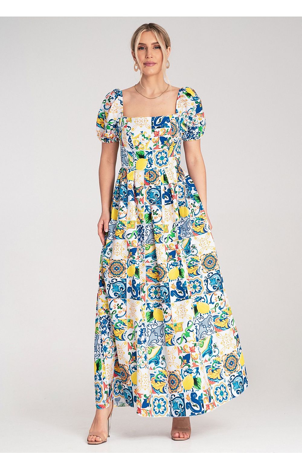 Cotton Maxi Dress – Square Neck, Fit-and-Flare, Tile Print, Blue – Daydress | GUOCALI