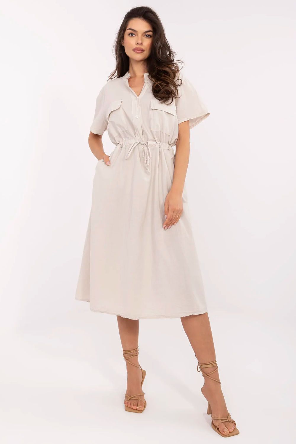 Cotton Midi Shirt Dress – Sweetheart Neck, Flared Skirt, Tie Waist – Daydress | GUOCALI